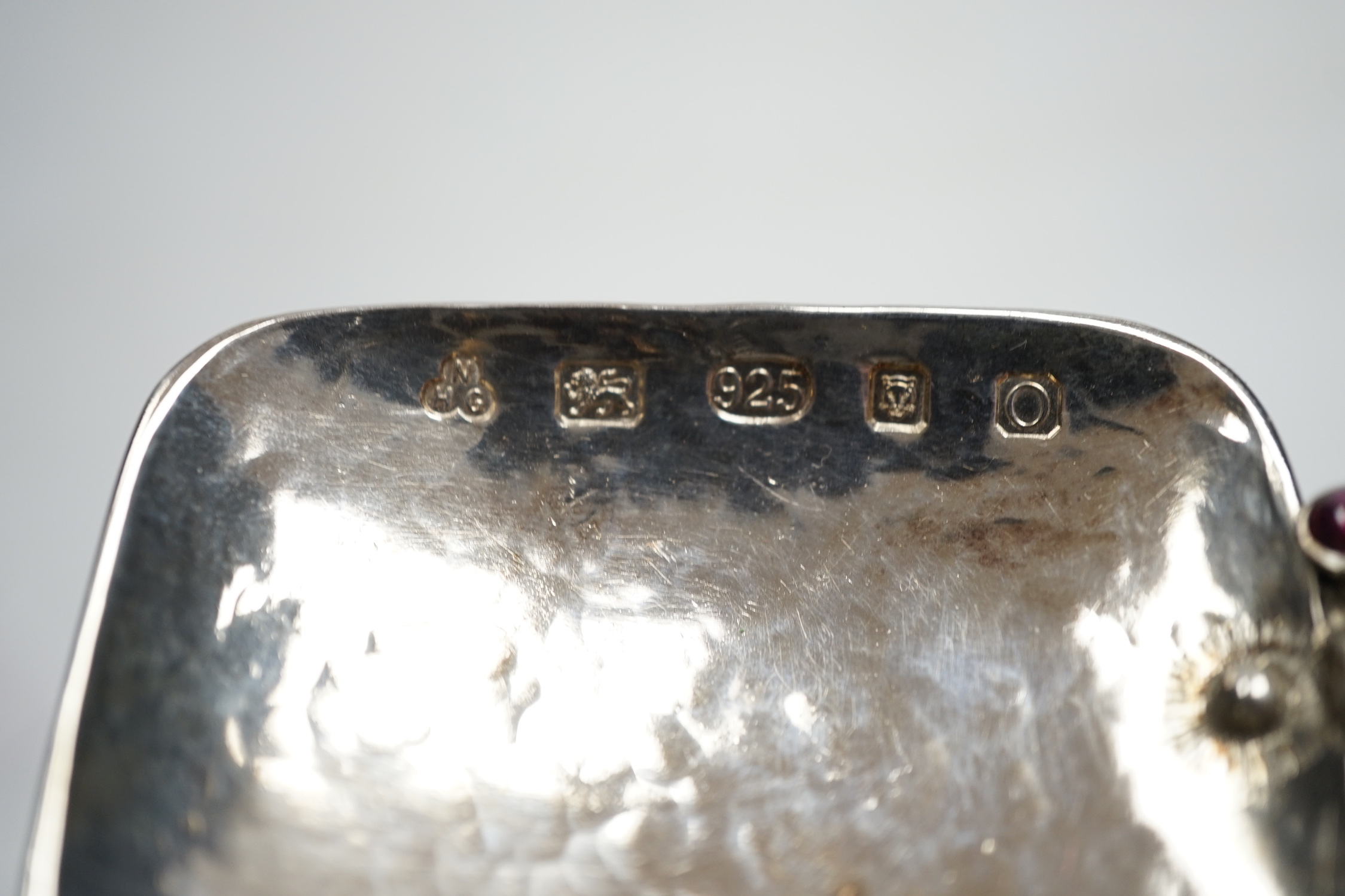 A modern Arts & Crafts silver and four stone cabochon garnet set spoon, maker HNG, London, 2013, 23cm, gross weight 115 grams.